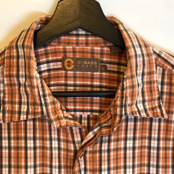 Orange Plaid Button Down Shirt Short GH Bass Earth Sleeve Large Retro Vtg - Picture 1 of 11